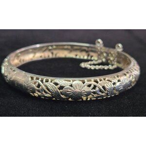Vintage Floral Filigree THA 925 Sterling Silver Hinged Bangle
